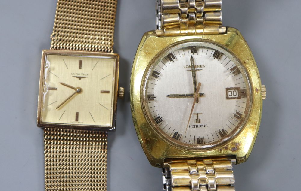 A 9ct gold Longines manual wind square dial wrist watch, on a 9ct Longines bracelet(a.f.) and one other Longines watch.